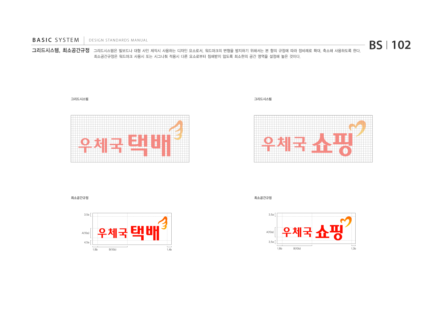 BASIC SYSTEM  DESIGN STANDARDS MANUAL  그리드시스템, 최소공간규정  그리드시스템은 빌보드나 대형 사인 제작시 사용하는 디자인 요소로서, 워드마크의 변형을 방지하기 위해서는 본 항의 규정에 따라 정비례로 확대, 축소해 사용하도록 한다. 최소공간규정은 워드마크 사용시 또는 시그니춰 적용시 다른 요소로부터 침해받지 않도록 최소한의 공간 영역을 설정해 놓은 것이다.  BS I 102  그리드시스템  그리드시스템  최소공간규정  최소공간규정  3.5a  3.5a  A(10a) 4.5a 1.8b B(10b) 1.4b  A(10a) 3.5a 1.8b B(10b) 1.3b